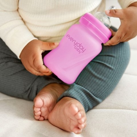 Szklana butelka ze smoczkiem S reagująca na temperaturę, 150 ml, wiśniowa, Everyday Baby