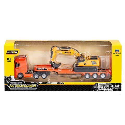 Ciężarówka z Naczepą Laweta Koparka Metalowa Huina Pomarańczowa 1:50