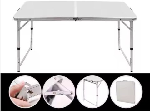 Stół Turystyczny Kempingowy Składany Regulowany Aluminiowy Biały 120x60cm