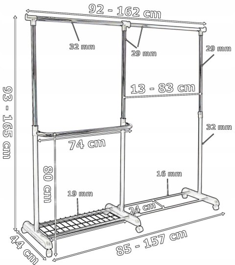 Wieszak regulowany stojący na kółkach Rufo biały