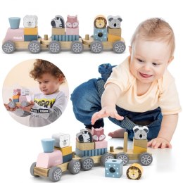 VIGA PolarB Drewniana Kolejka z Wagonikami i Zwierzątkami Do Układania Montessori