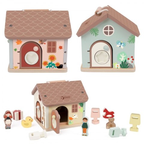 CLASSIC WORLD Drewniany Domek Sensoryczny Edukacyjny z Zamkami Kluczykami 11el. 18m+