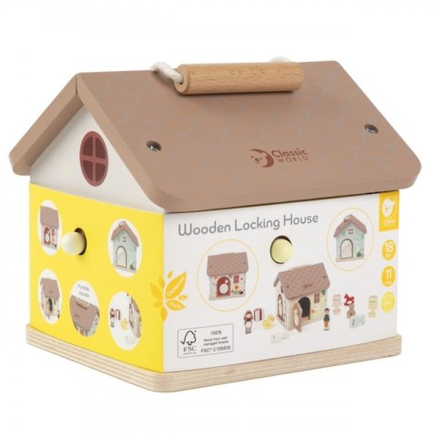 CLASSIC WORLD Drewniany Domek Sensoryczny Edukacyjny z Zamkami Kluczykami 11el. 18m+