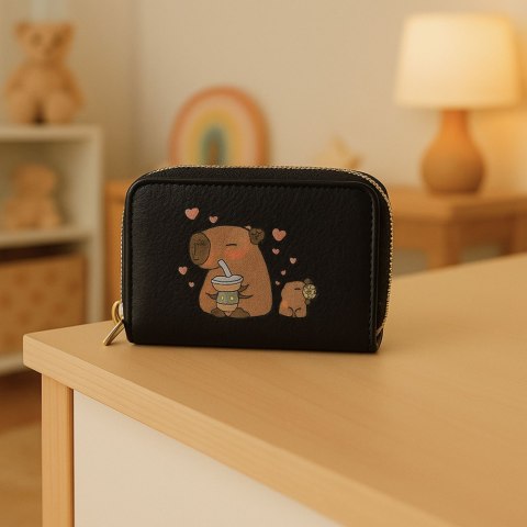 Portfel Dwukomorowy Przegrody na Karty Kapibara Czarny 12,5 x 8,5cm