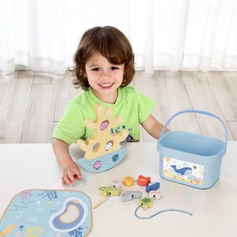 TOOKY TOY Drewniany Zestaw Morskich Zabawek Wieża Balansująca Łowienie Ryb Figurki 23 Elementy