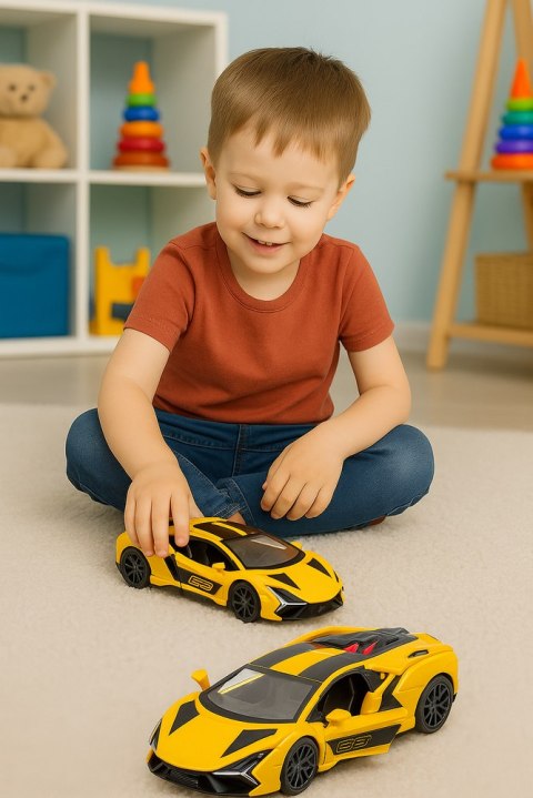 Samochód Wyścigowy Sportowy Metalowy Napęd Otwierane Drzwi Żółty 1:32