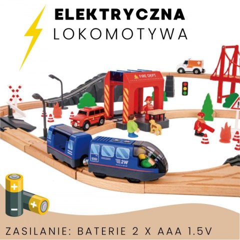 Tooky Toy Drewniana Kolejka Elektryczna Straż Pożarna Efekty Dźwiękowe 70 el.