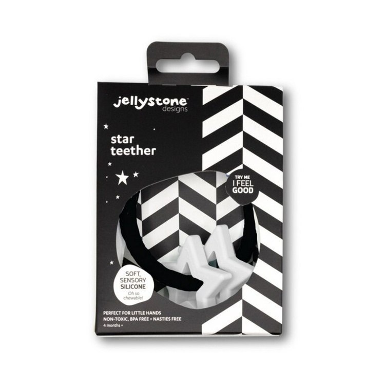 Jellystone Designs Star Teether – czarno-biały gryzak silikonowy w gwiazdki