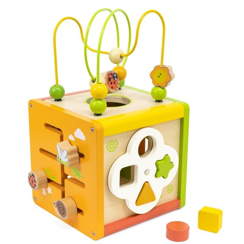 VIGA Drewniana Kostka Edukacyjna 5w1 – sorter, pętle motoryczne, cymbałki, labirynt